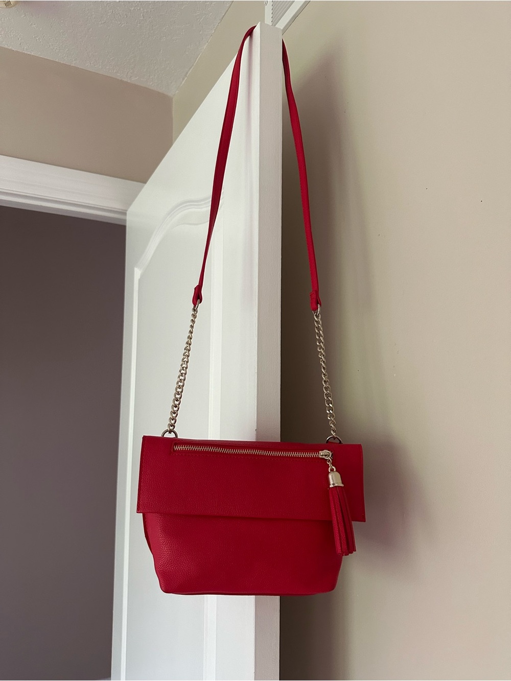 Express Red Tassel Chain-Strap Crossbody Bag
